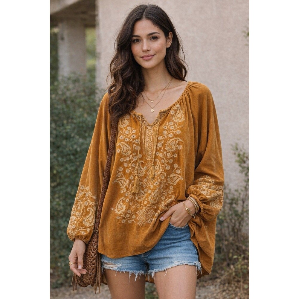 Paparazzi Velvet Boho Embroidered Peasant Golden Ochre Oversized Tunic Blouse L